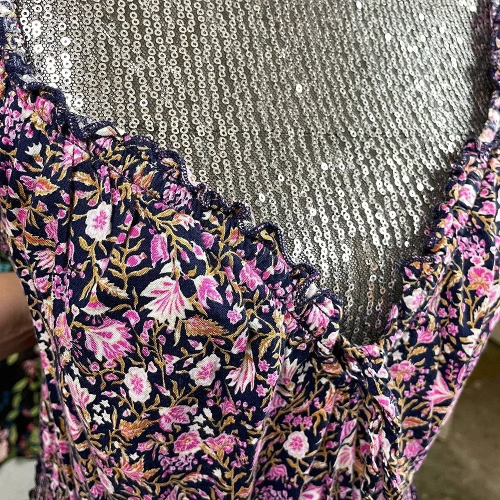 Floral Smocked Tiered Maxi Dress XL Cotton Rayon Cap Sleeve Ruffle Peasant